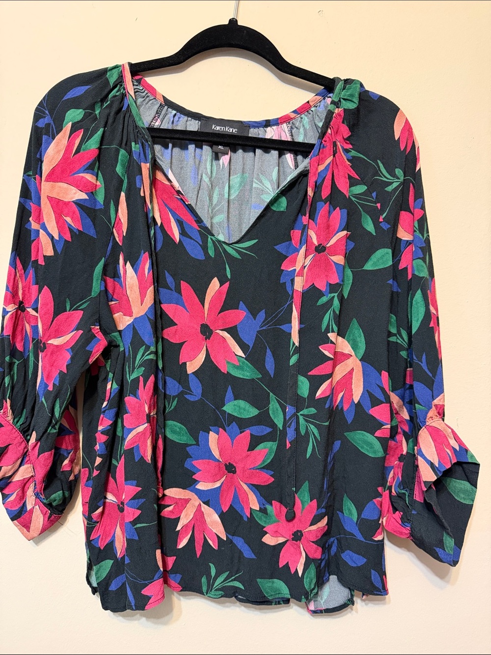 Karen Kane Black Floral Tie-Neck Blouse with Pink & Green Flowers 2319